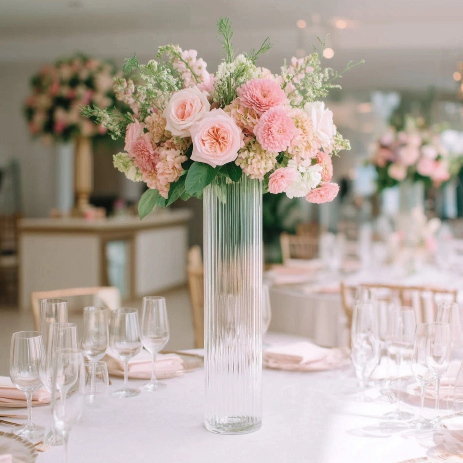 6 Ribbed Cylinder Glass Vases Wedding Centerpieces - Clear