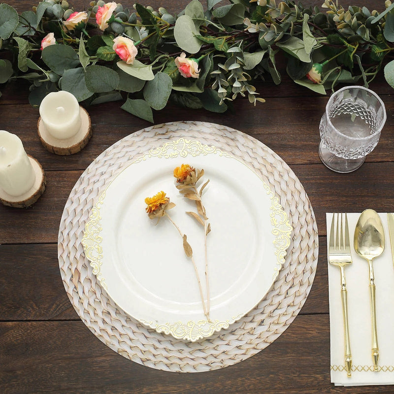 6 Round 13" Disposable Paper Charger Plates Woven Rattan Design - Natural