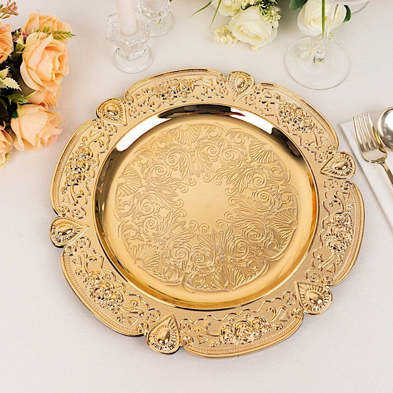 6 Round 13" Floral Embossed Acrylic Charger Plates with Scalloped Rim