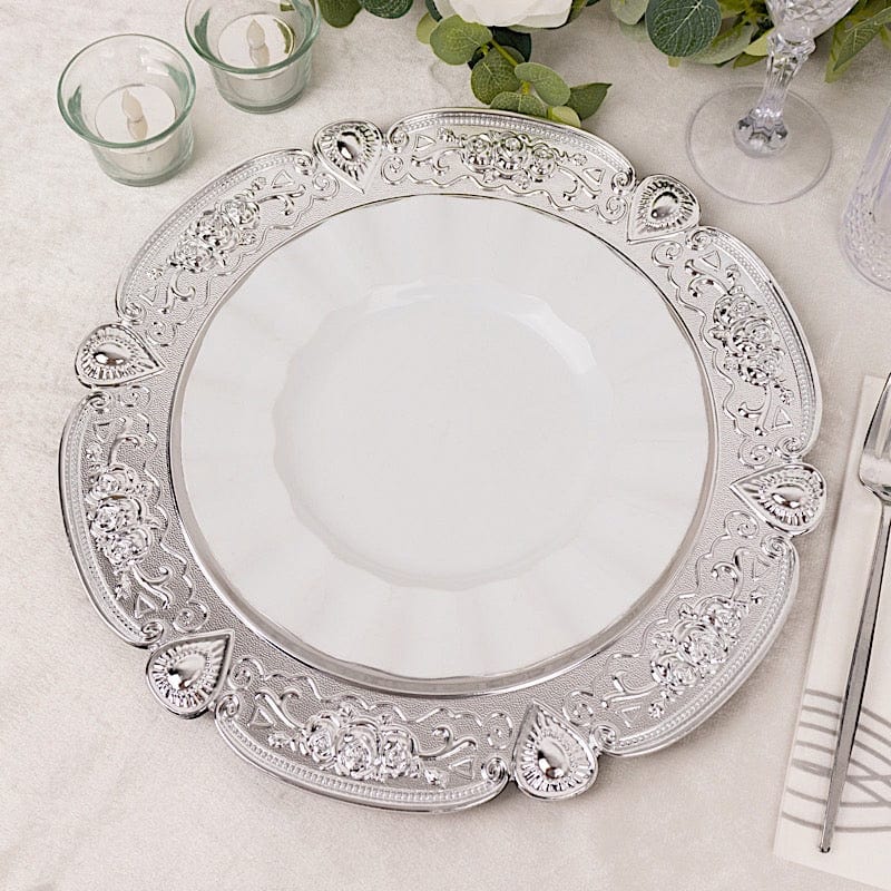 6 Round 13" Floral Embossed Acrylic Charger Plates with Scalloped Rim