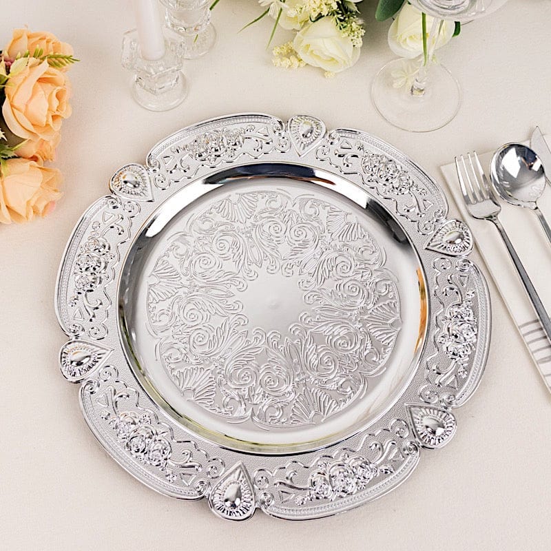 6 Round 13" Floral Embossed Acrylic Charger Plates with Scalloped Rim