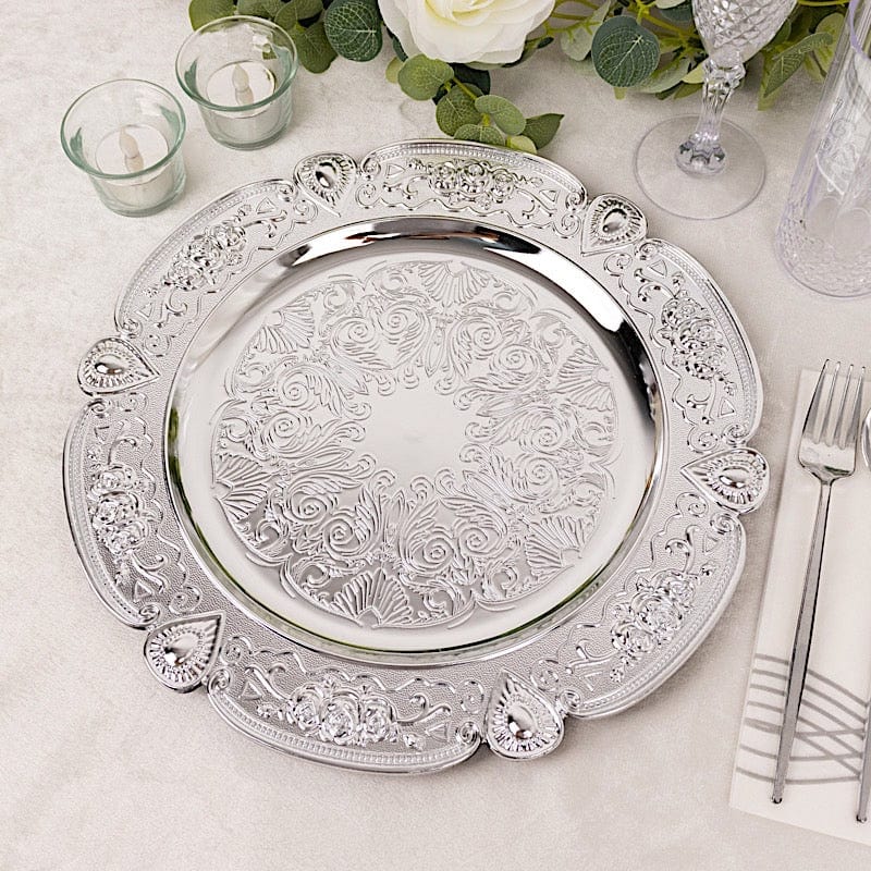 6 Round 13" Floral Embossed Acrylic Charger Plates with Scalloped Rim