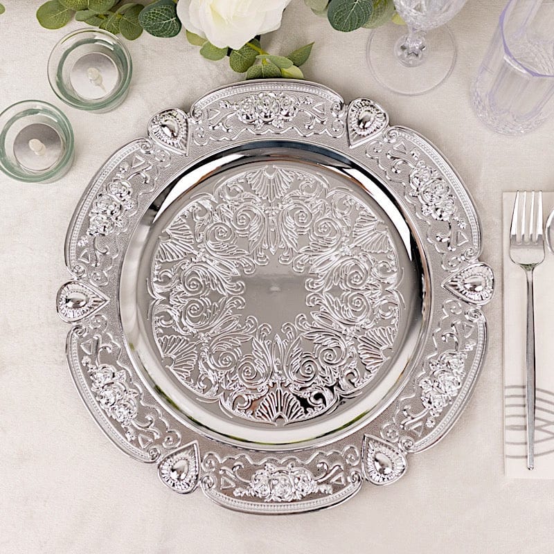 6 Round 13" Floral Embossed Acrylic Charger Plates with Scalloped Rim