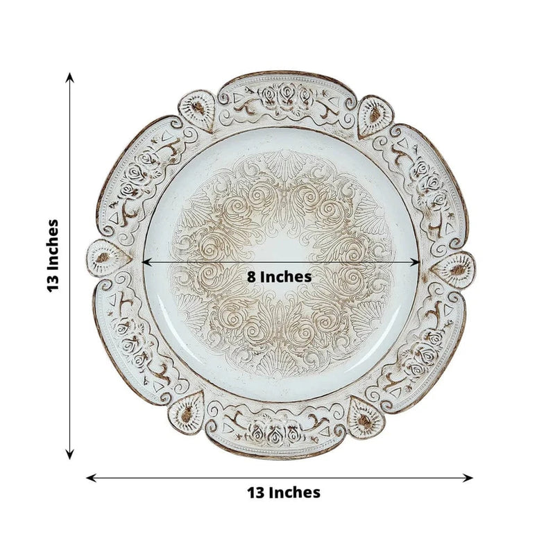 6 Round 13" Floral Embossed Plastic Charger Plates with Scalloped Rim