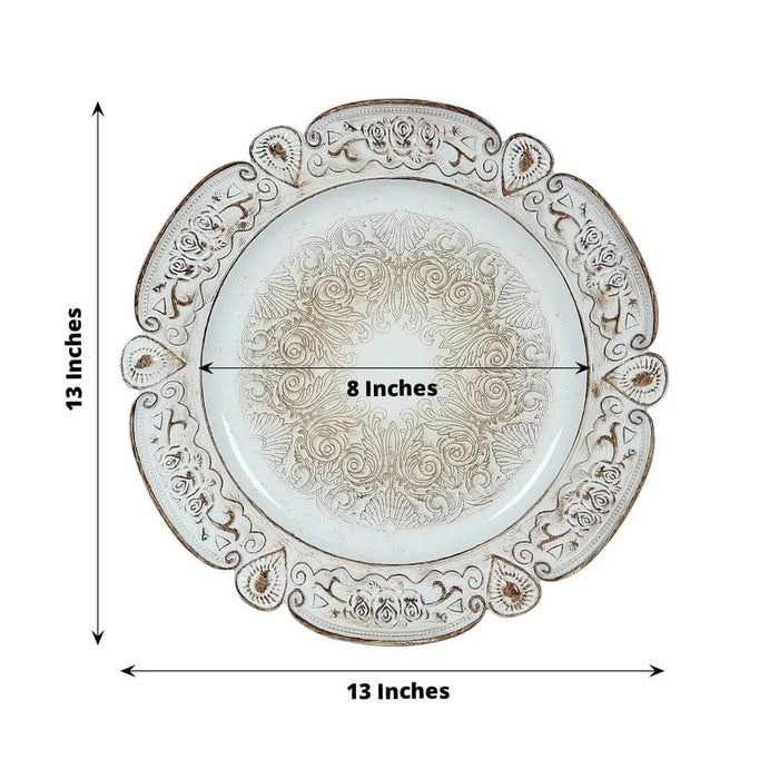 6 Round 13" Floral Embossed Plastic Charger Plates with Scalloped Rim
