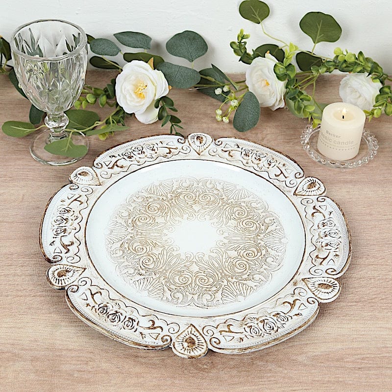 6 Round 13" Floral Embossed Plastic Charger Plates with Scalloped Rim