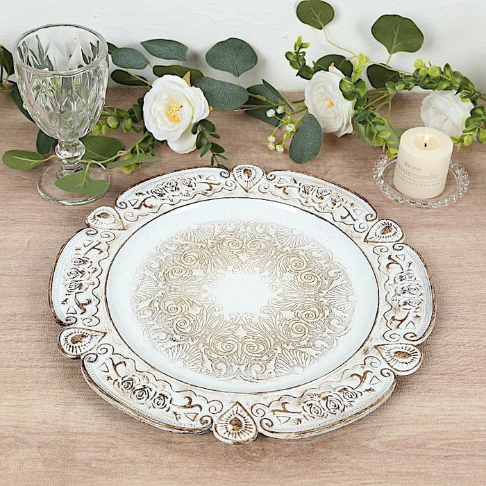 6 Round 13" Floral Embossed Plastic Charger Plates with Scalloped Rim