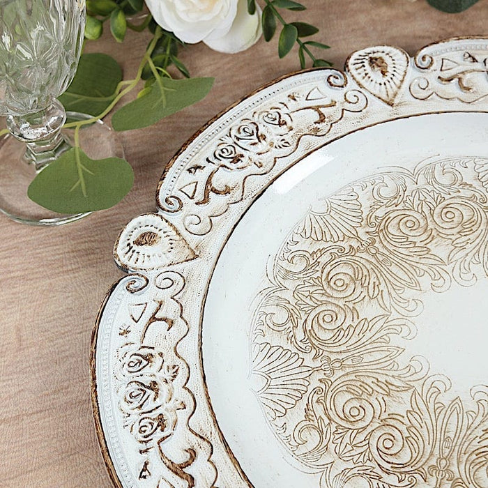 6 Round 13" Floral Embossed Plastic Charger Plates with Scalloped Rim