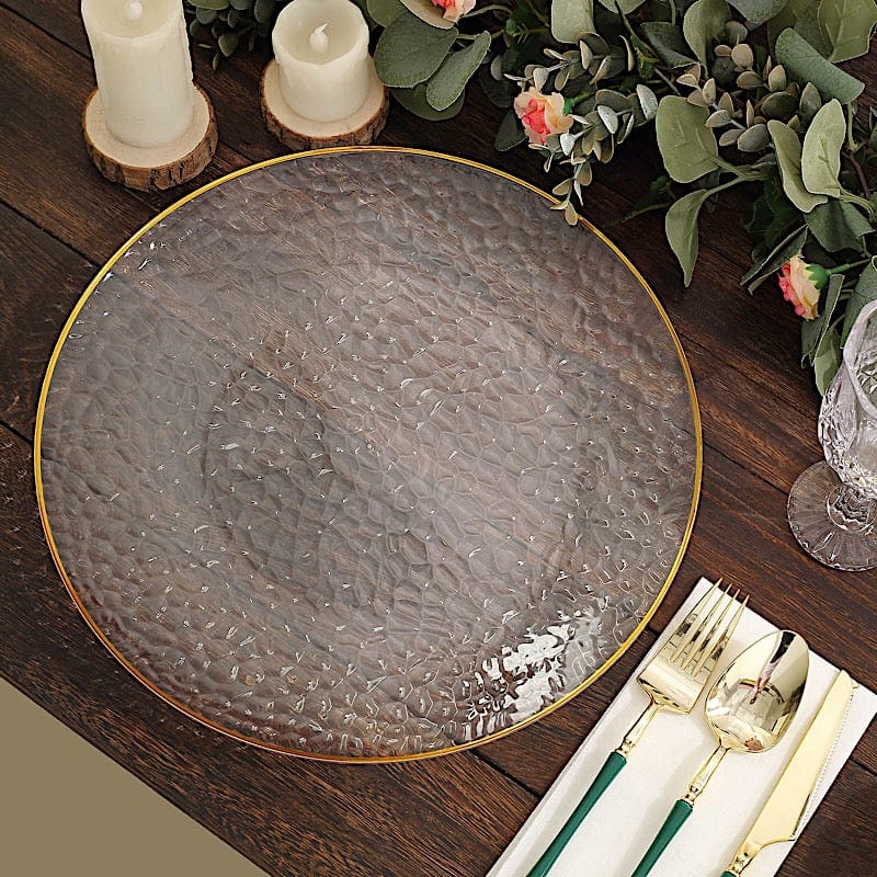 6 Round 13" Hammered Plastic Charger Plates - Clear with Gold CHRG_PLST0028_CLGD