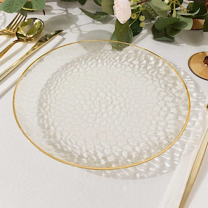6 Round 13" Hammered Plastic Charger Plates with Gold Rim - Clear with Gold CHRG_PLST0028_GLGD
