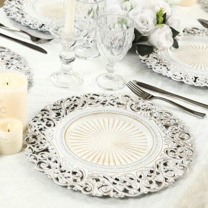 6 Round 13 in Vintage Floral Acrylic Charger Plates with Carved Borders