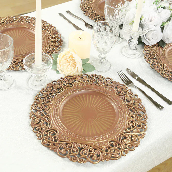 6 Round 13 in Vintage Floral Acrylic Charger Plates with Carved Borders