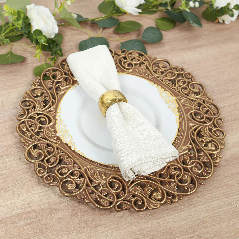 6 Round 13 in Vintage Floral Acrylic Charger Plates with Carved Borders