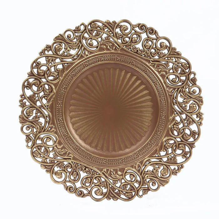 6 Round 13 in Vintage Floral Acrylic Charger Plates with Carved Borders CHRG_PLST0048_ANTQ