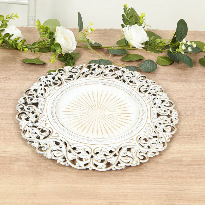 6 Round 13 in Vintage Floral Acrylic Charger Plates with Carved Borders CHRG_PLST0048_BRN