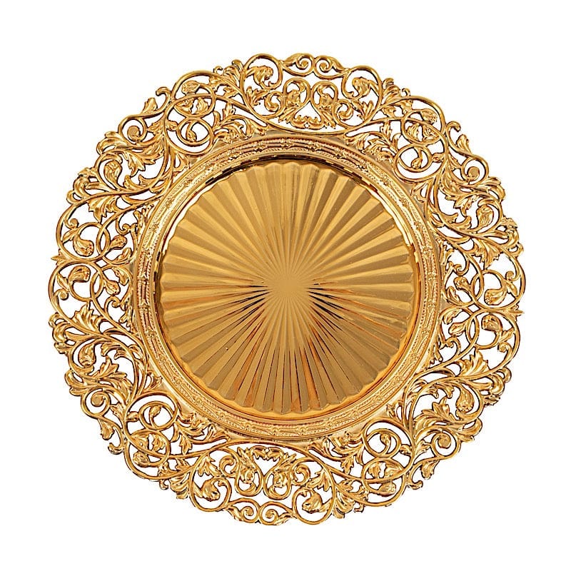 6 Round 13 in Vintage Floral Acrylic Charger Plates with Carved Borders CHRG_PLST0048_GOLD