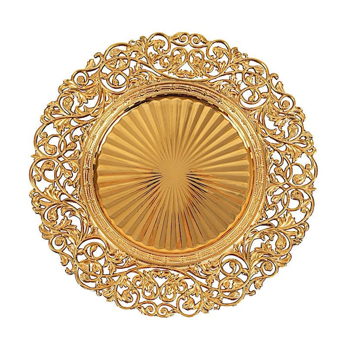 6 Round 13 in Vintage Floral Acrylic Charger Plates with Carved Borders CHRG_PLST0048_GOLD