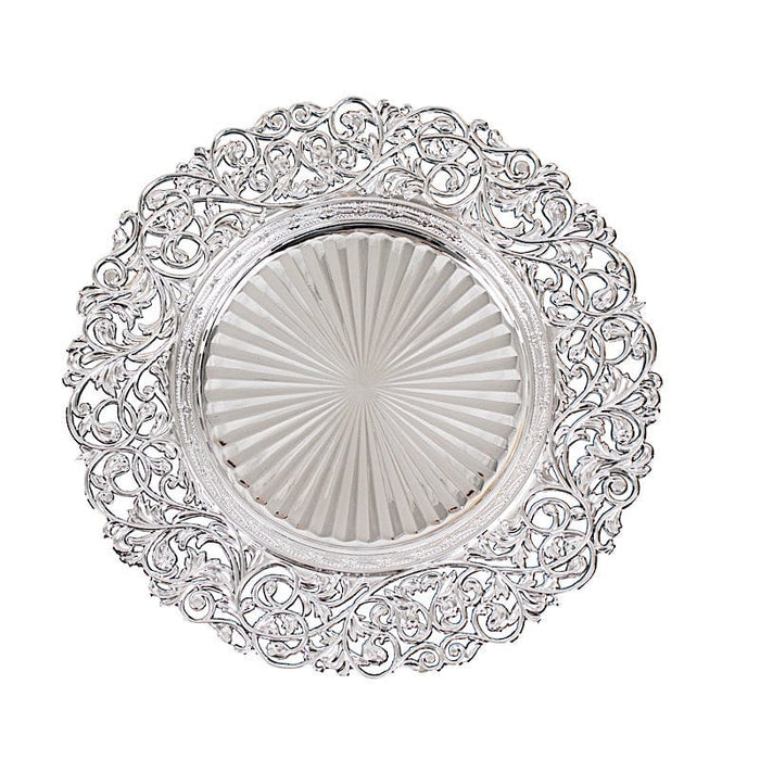 6 Round 13 in Vintage Floral Acrylic Charger Plates with Carved Borders CHRG_PLST0048_SILV