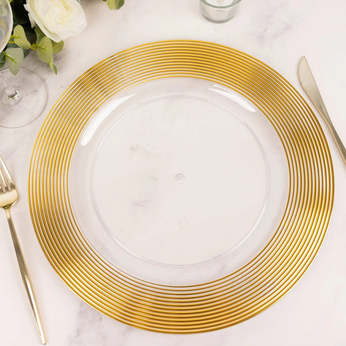 6 Round 13" Lined Rim Plastic Wedding Charger Plates - Clear and Gold CHRG_PLST0030_CLGD