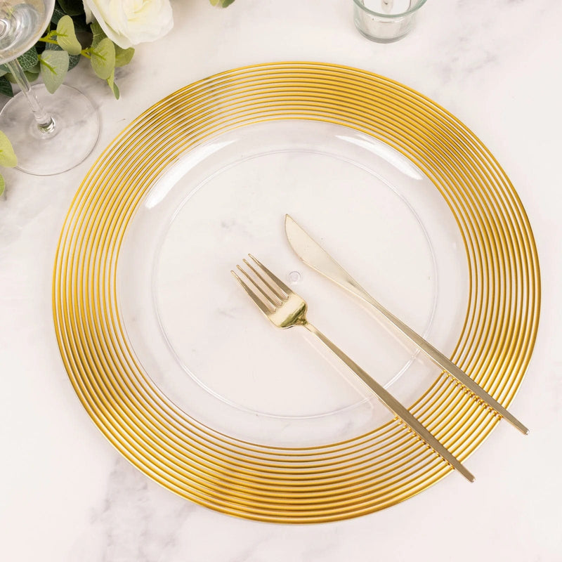 6 Round 13" Lined Rim Plastic Wedding Charger Plates - Clear and Gold CHRG_PLST0030_CLGD