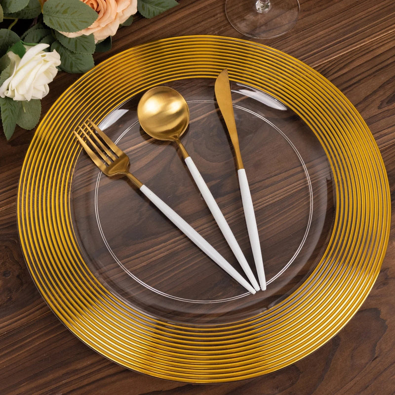 6 Round 13" Lined Rim Plastic Wedding Charger Plates - Clear and Gold CHRG_PLST0030_CLGD