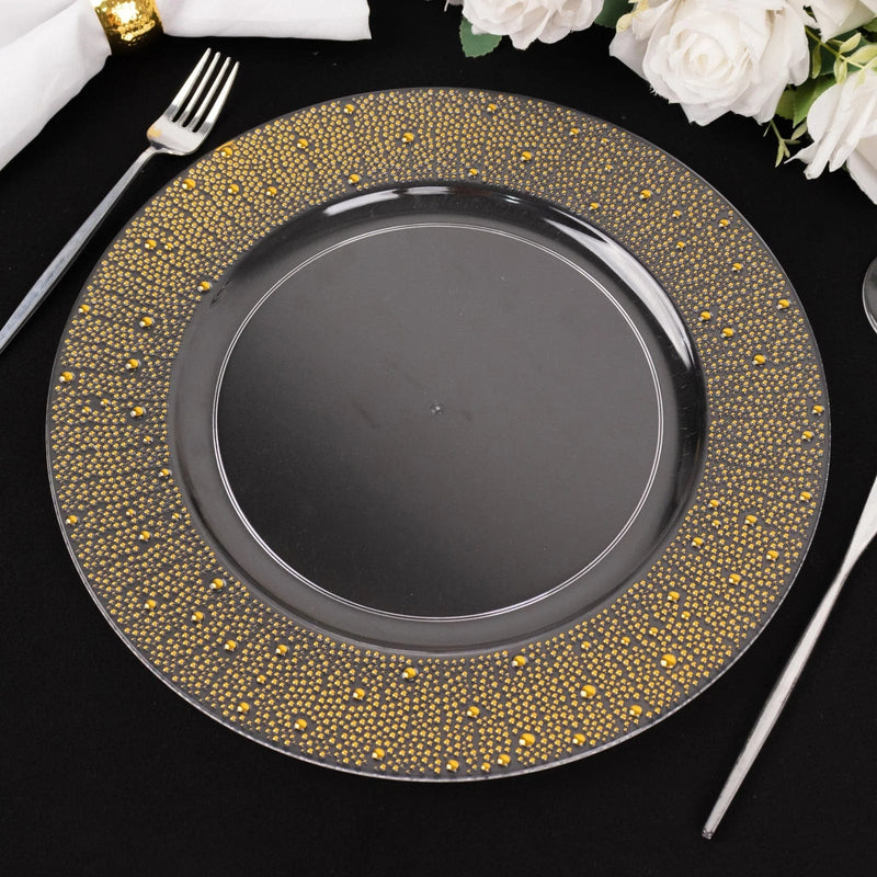 6 Round 13" Pearl Beaded Plastic Wedding Charger Plates - Clear and Gold CHRG_PLST0031_CLGD