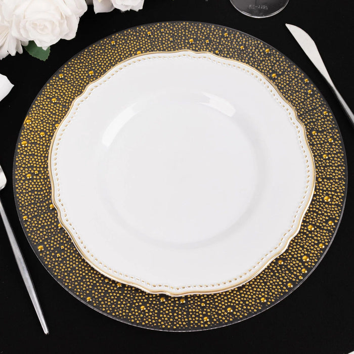 6 Round 13" Pearl Beaded Plastic Wedding Charger Plates - Clear and Gold CHRG_PLST0031_CLGD