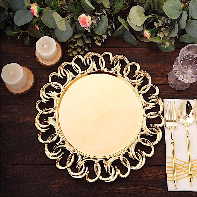 6 Round 13" Plastic Charger Plates with Entwined Swirl Rim - Gold CHRG_PLST0043_GOLD