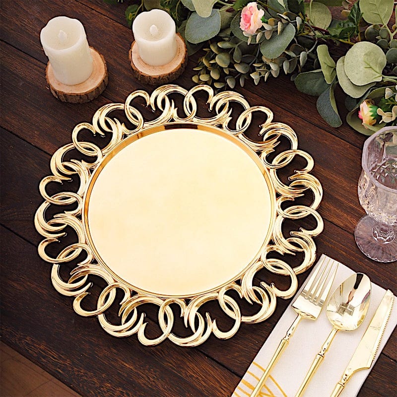 6 Round 13" Plastic Charger Plates with Entwined Swirl Rim - Gold CHRG_PLST0043_GOLD