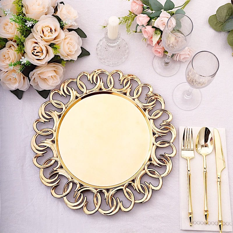 6 Round 13" Plastic Charger Plates with Entwined Swirl Rim - Gold CHRG_PLST0043_GOLD