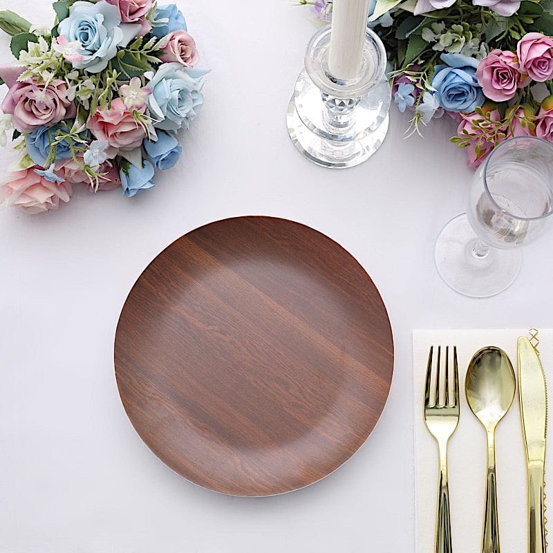 6 Round Wood Grain Design Heavy Duty Plastic Plates - Disposable Tableware