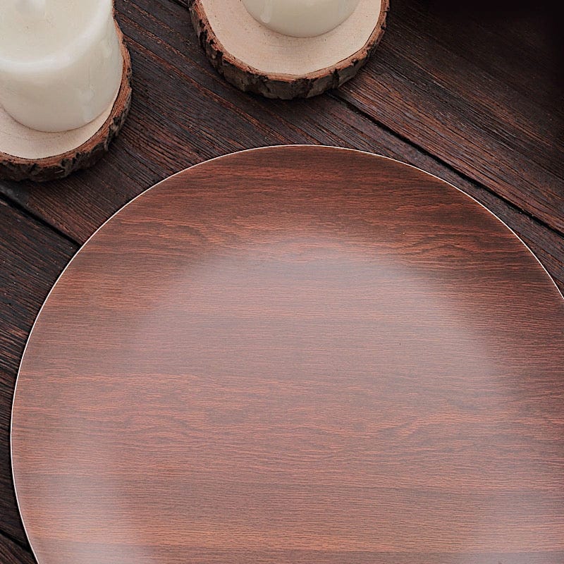 6 Round Wood Grain Design Heavy Duty Plastic Plates - Disposable Tableware
