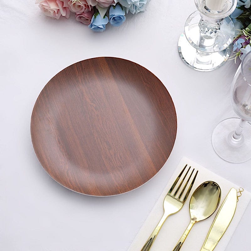 6 Round Wood Grain Design Heavy Duty Plastic Plates - Disposable Tableware