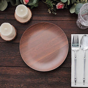 6 Round Wood Grain Design Heavy Duty Plastic Plates - Disposable Tableware
