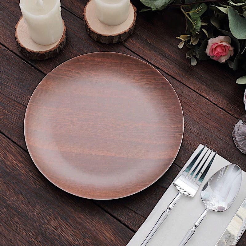 6 Round Wood Grain Design Heavy Duty Plastic Plates - Disposable Tableware