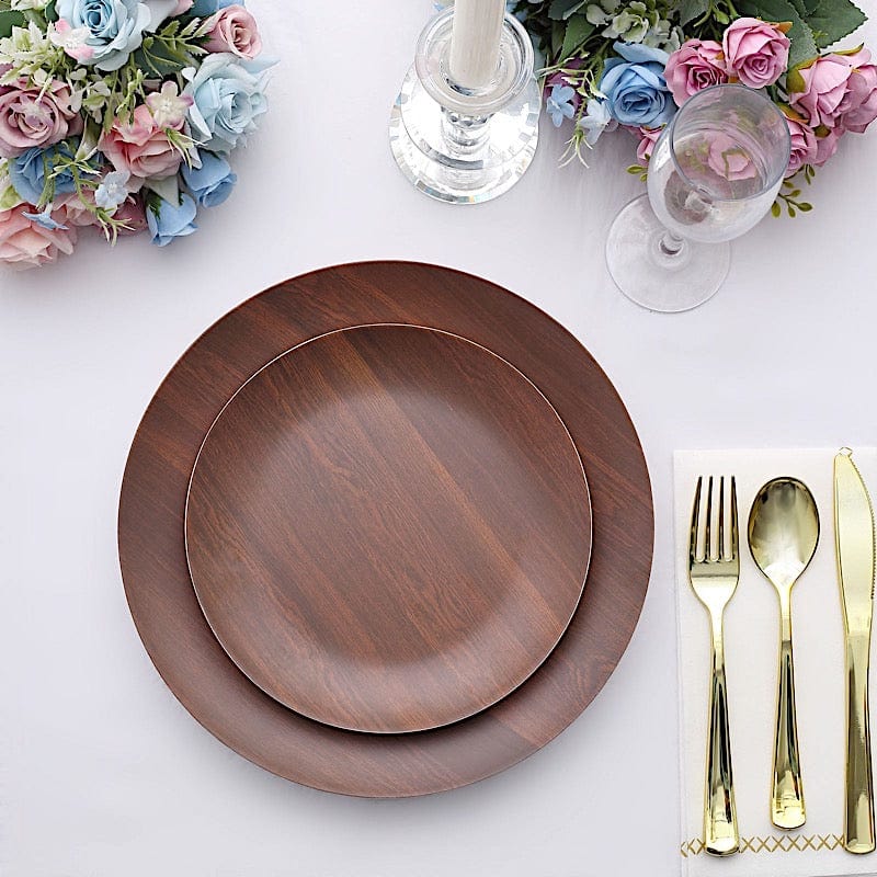 6 Round Wood Grain Design Heavy Duty Plastic Plates - Disposable Tableware