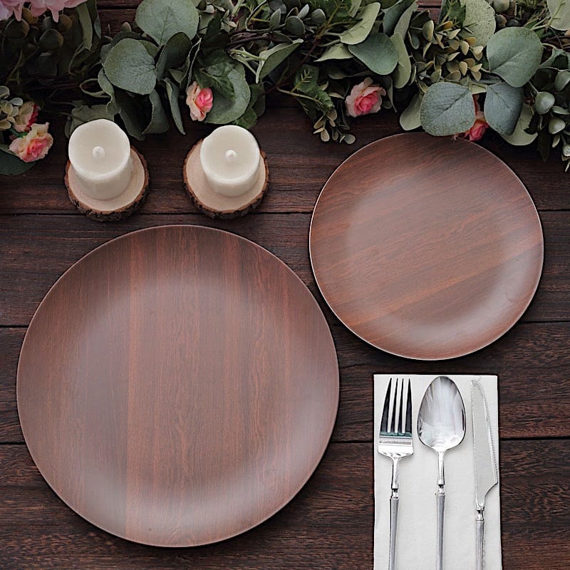 6 Round Wood Grain Design Heavy Duty Plastic Plates - Disposable Tableware