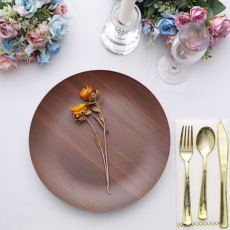 6 Round Wood Grain Design Heavy Duty Plastic Plates - Disposable Tableware