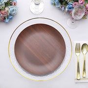 6 Round Wood Grain Design Heavy Duty Plastic Plates - Disposable Tableware