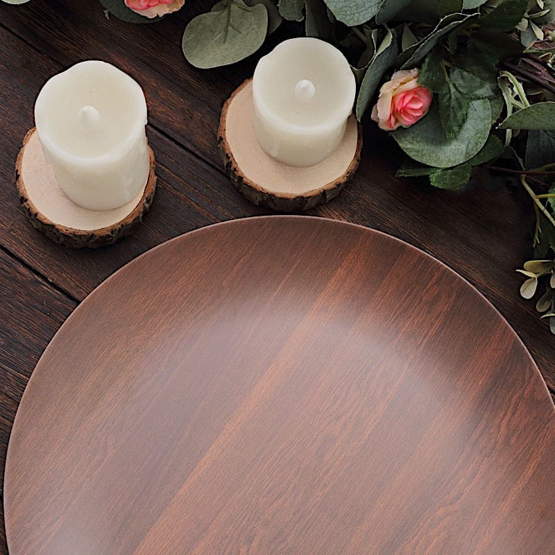 6 Round Wood Grain Design Heavy Duty Plastic Plates - Disposable Tableware