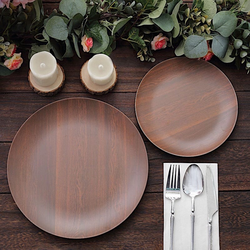 6 Round Wood Grain Design Heavy Duty Plastic Plates - Disposable Tableware