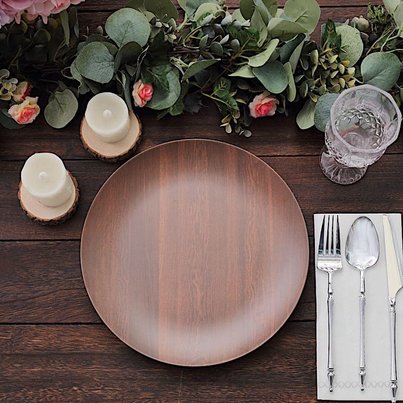 6 Round Wood Grain Design Heavy Duty Plastic Plates - Disposable Tableware