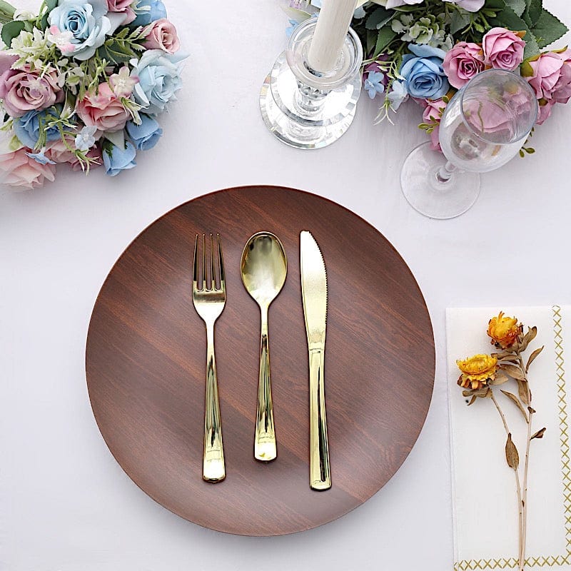 6 Round Wood Grain Design Heavy Duty Plastic Plates - Disposable Tableware