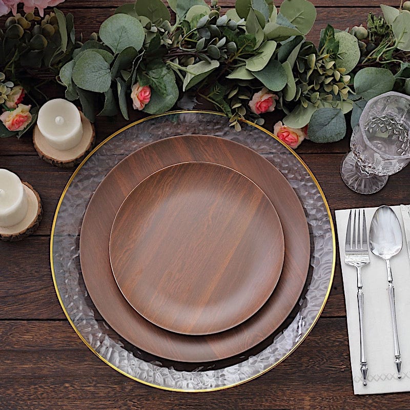 6 Round Wood Grain Design Heavy Duty Plastic Plates - Disposable Tableware