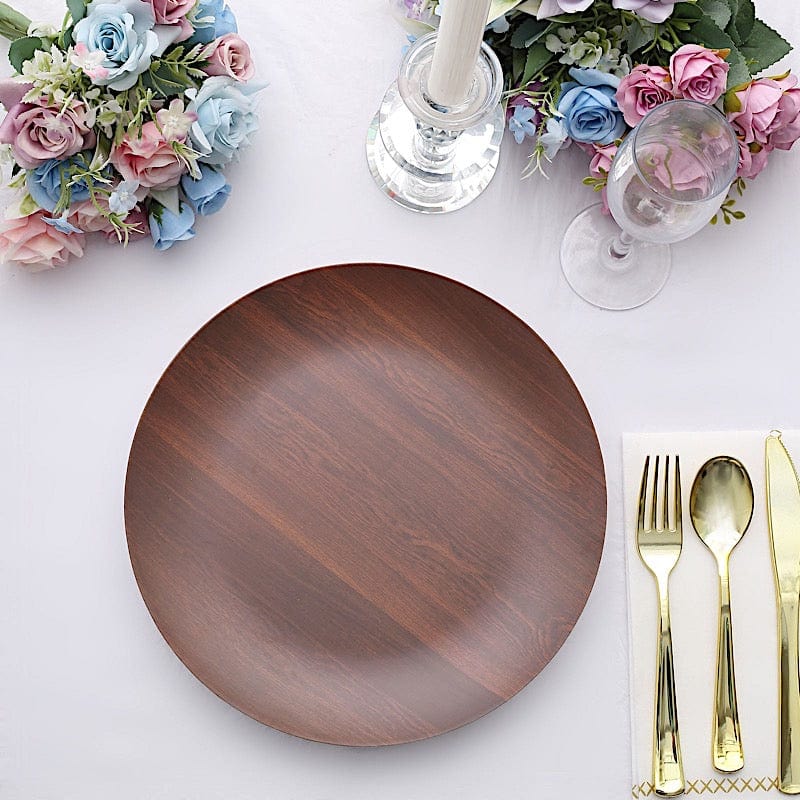 6 Round Wood Grain Design Heavy Duty Plastic Plates - Disposable Tableware