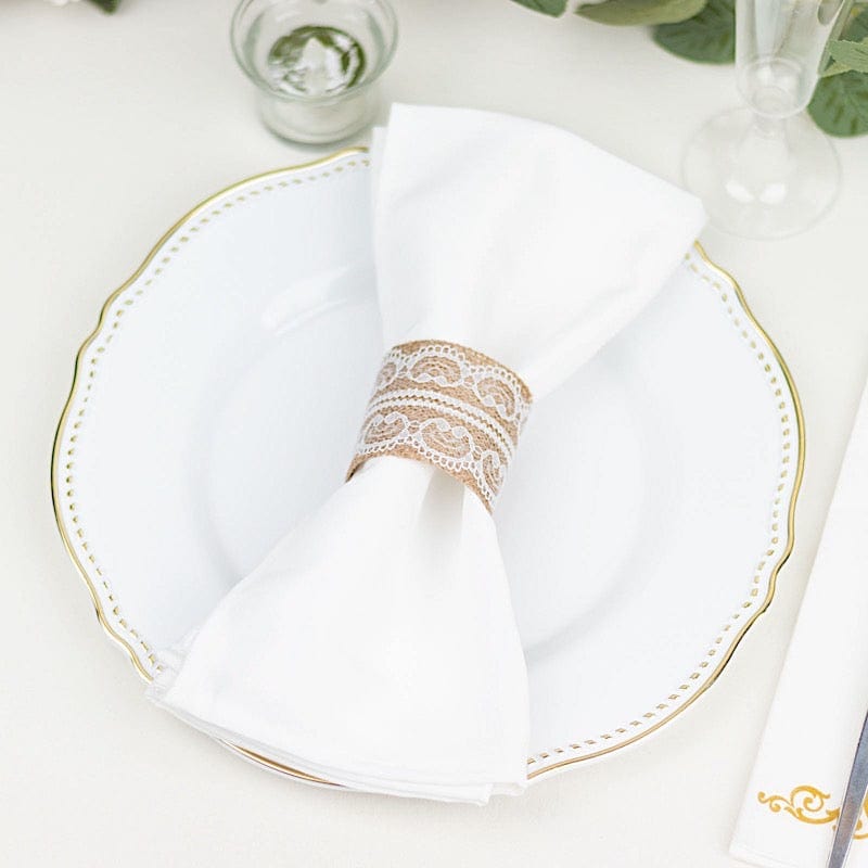 6 Rustic Farmhouse Style Jute and Lace Napkin Rings - Natural and White NAP_RING_JUTE01_WHT