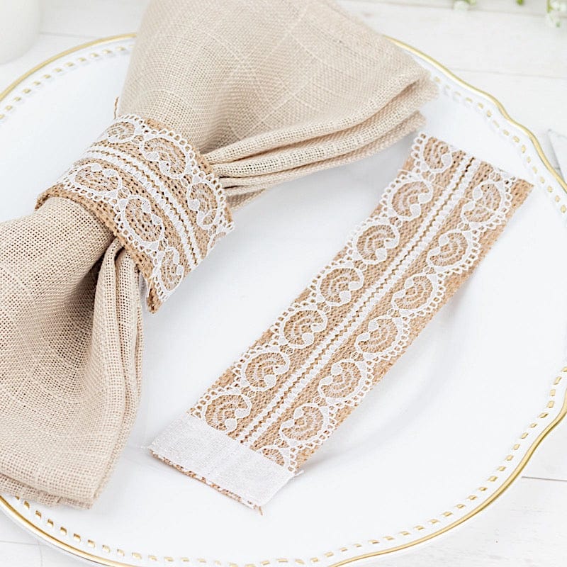 6 Rustic Farmhouse Style Jute and Lace Napkin Rings - Natural and White NAP_RING_JUTE01_WHT