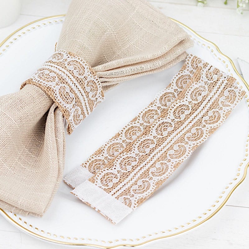 6 Rustic Farmhouse Style Jute and Lace Napkin Rings - Natural and White NAP_RING_JUTE01_WHT