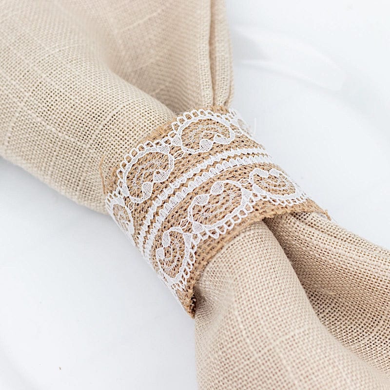 6 Rustic Farmhouse Style Jute and Lace Napkin Rings - Natural and White NAP_RING_JUTE01_WHT