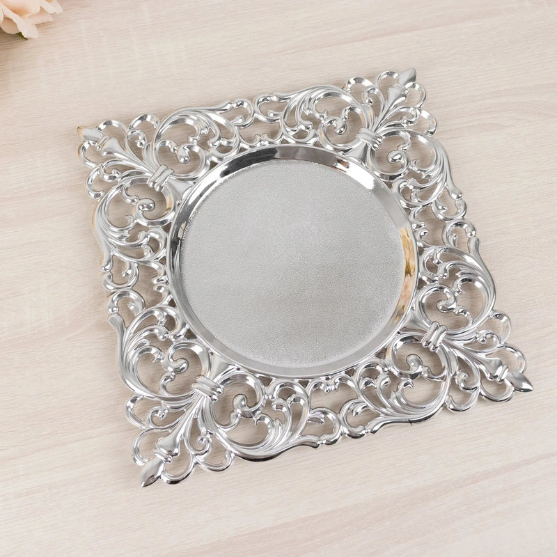 6 Square 12" Vintage Acrylic Dinner Charger Plates with Hollow Lace Borders